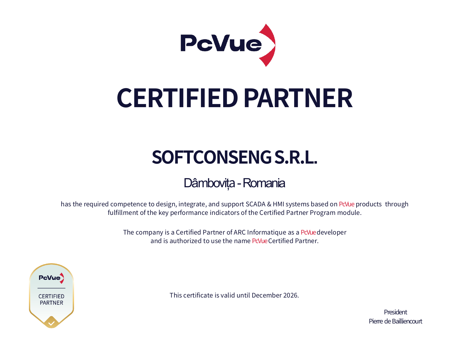 PcVue Certified Partner certificate — SOFTCONSENG S.R.L., issued by ARC Informatique